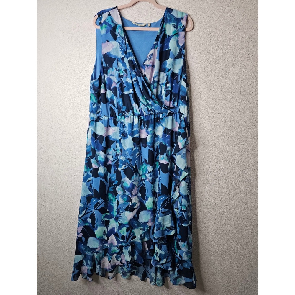 Soft Surroundings 2X Blue Floral Faux Wrap Ruffle Midi Dress Flowy Watercolor